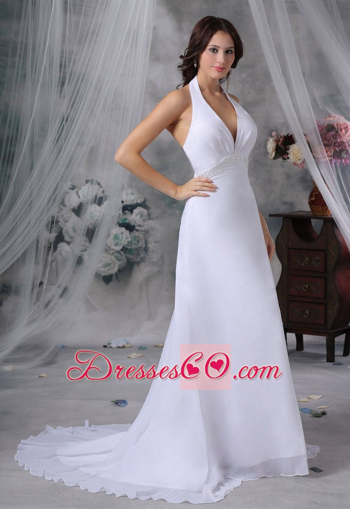 Halter Top Beaded Decorate Waist Court Train Chiffon Sexy Style Wedding Dress For 2013
