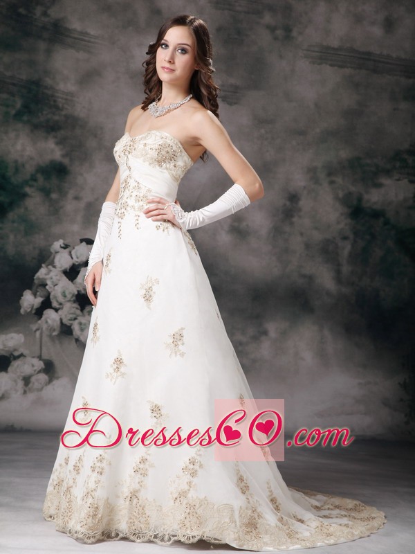 Affordable A-line Court Train Lace Beading Wedding Dress