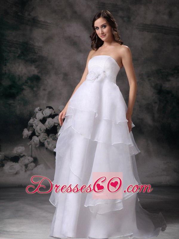 Modest A-line Strapless Long Organza Hand Made Flower Wedding Dress
