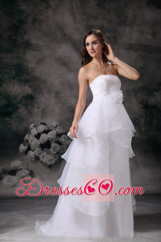 Modest A-line Strapless Long Organza Hand Made Flower Wedding Dress