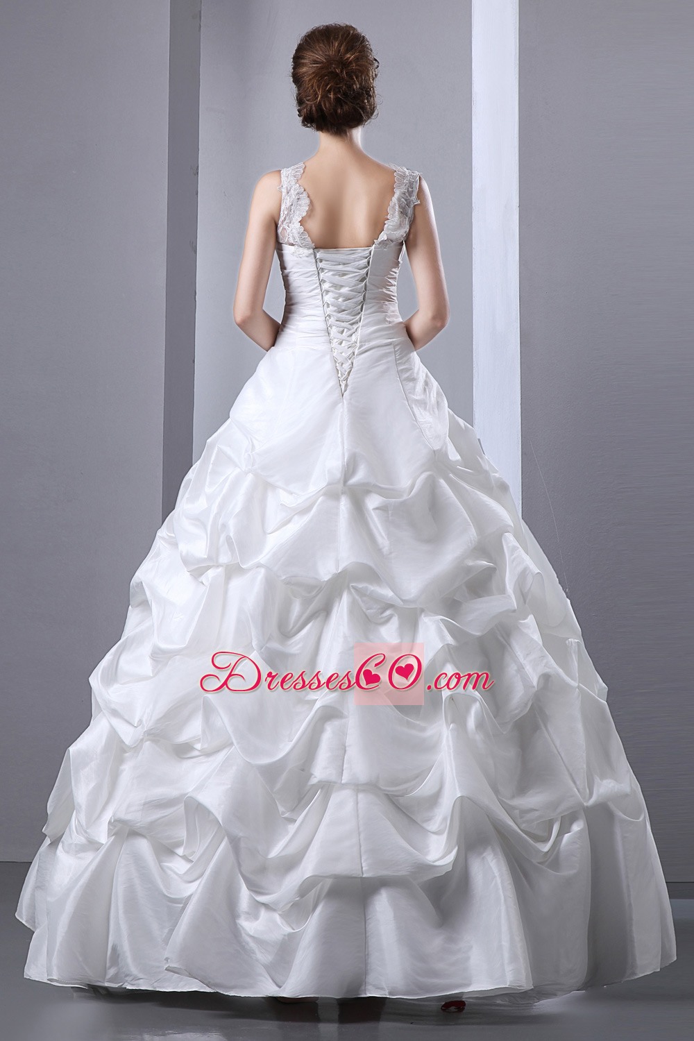 Elegant A-line V-neck Long Taffeta Appliques Pick-ups Wedding Dress