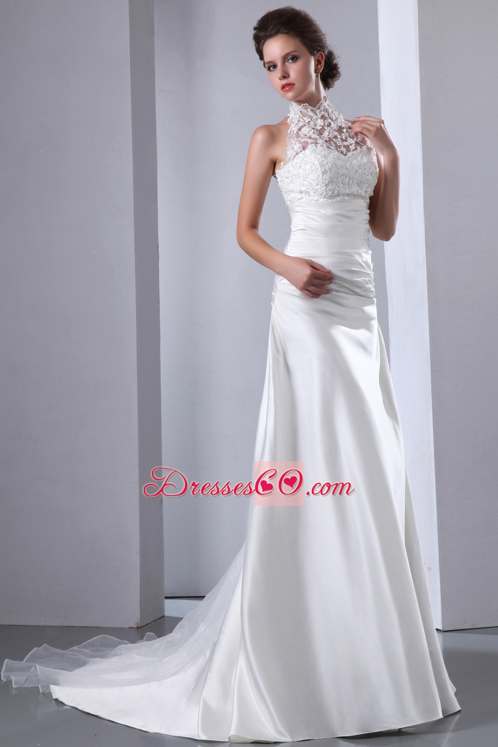 Elegant A-line High-neck Court Train Taffeta and Organza Wedding Dress