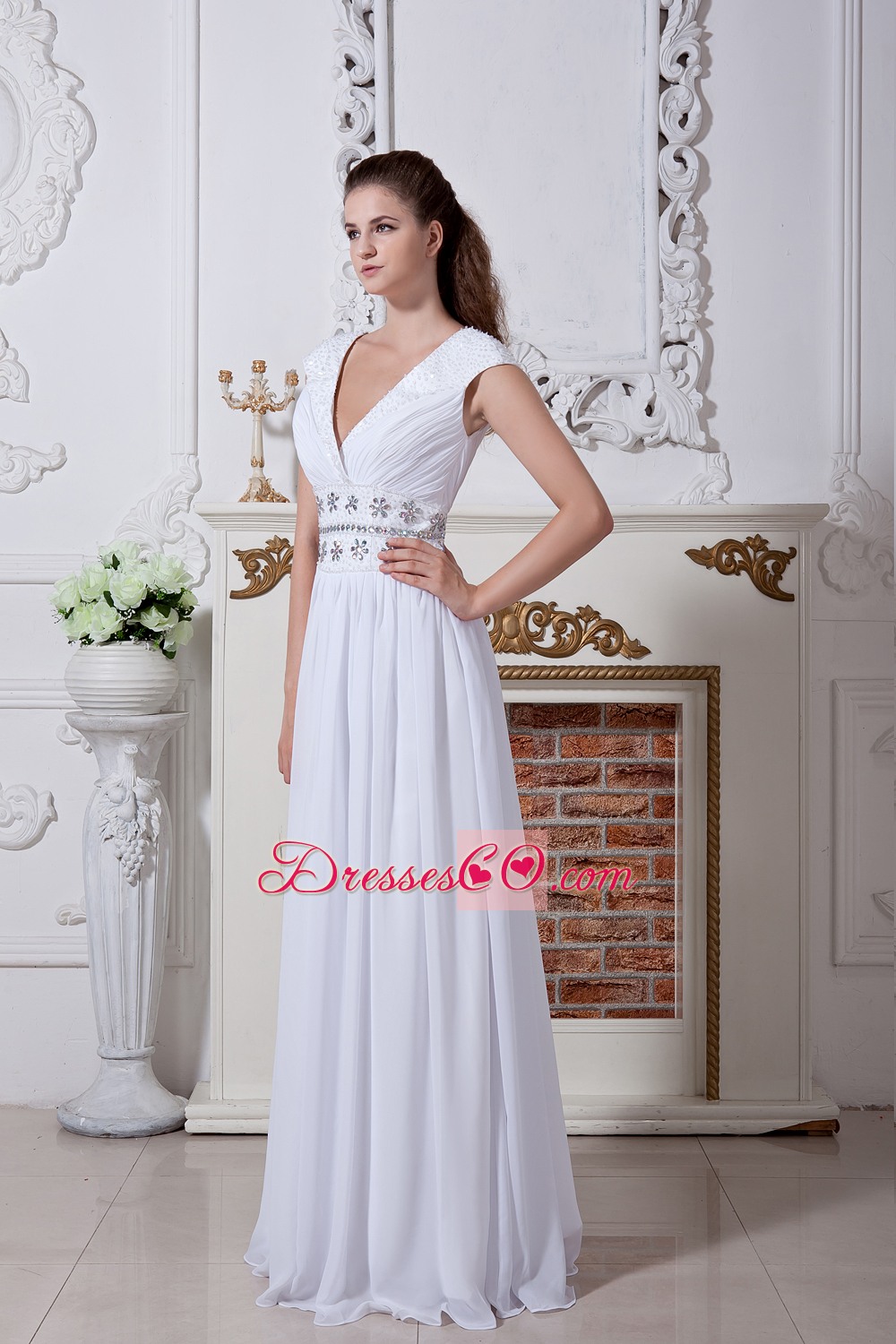 White Empire V-neck Long Chiffon Beading Wedding Dresses