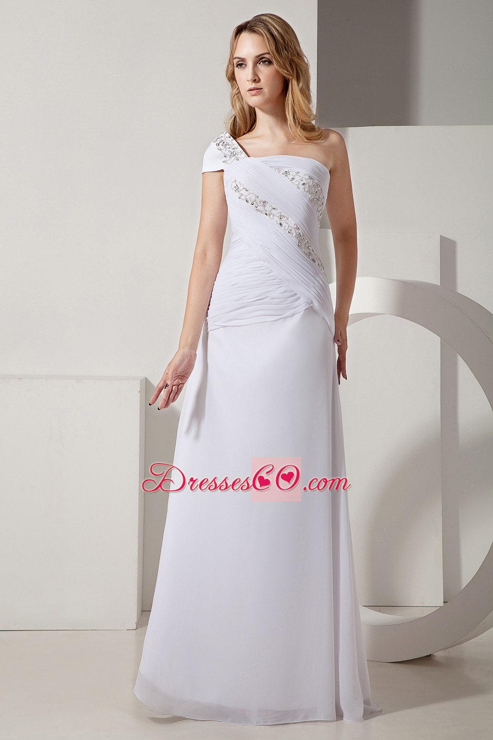 Simple Column One Shoulder Long Chiffon Ruching And Beading Wedding Dress