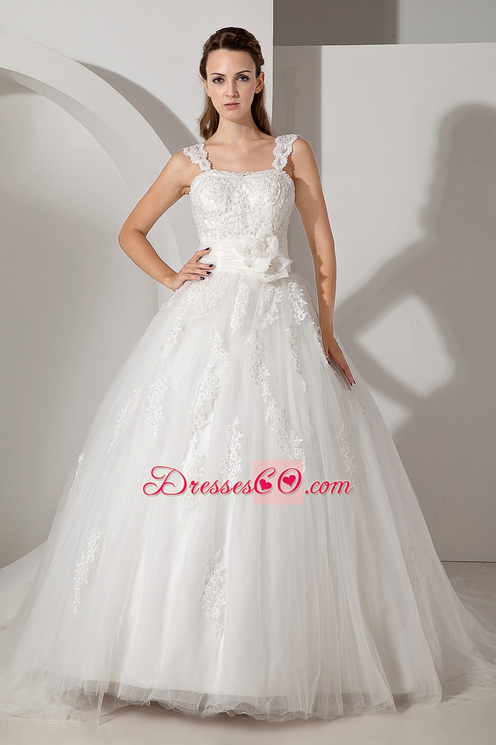 Sweet A-line Straps Court Train Tulle and Taffeta Appliques Wedding Dress