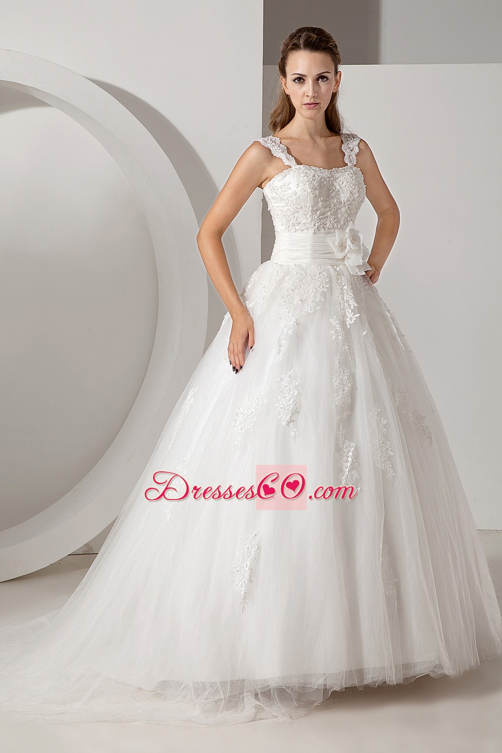 Sweet A-line Straps Court Train Tulle and Taffeta Appliques Wedding Dress