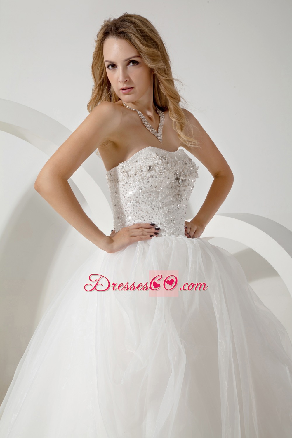 White Ball Gown Strapless Long Tulle Beading Wedding Gown