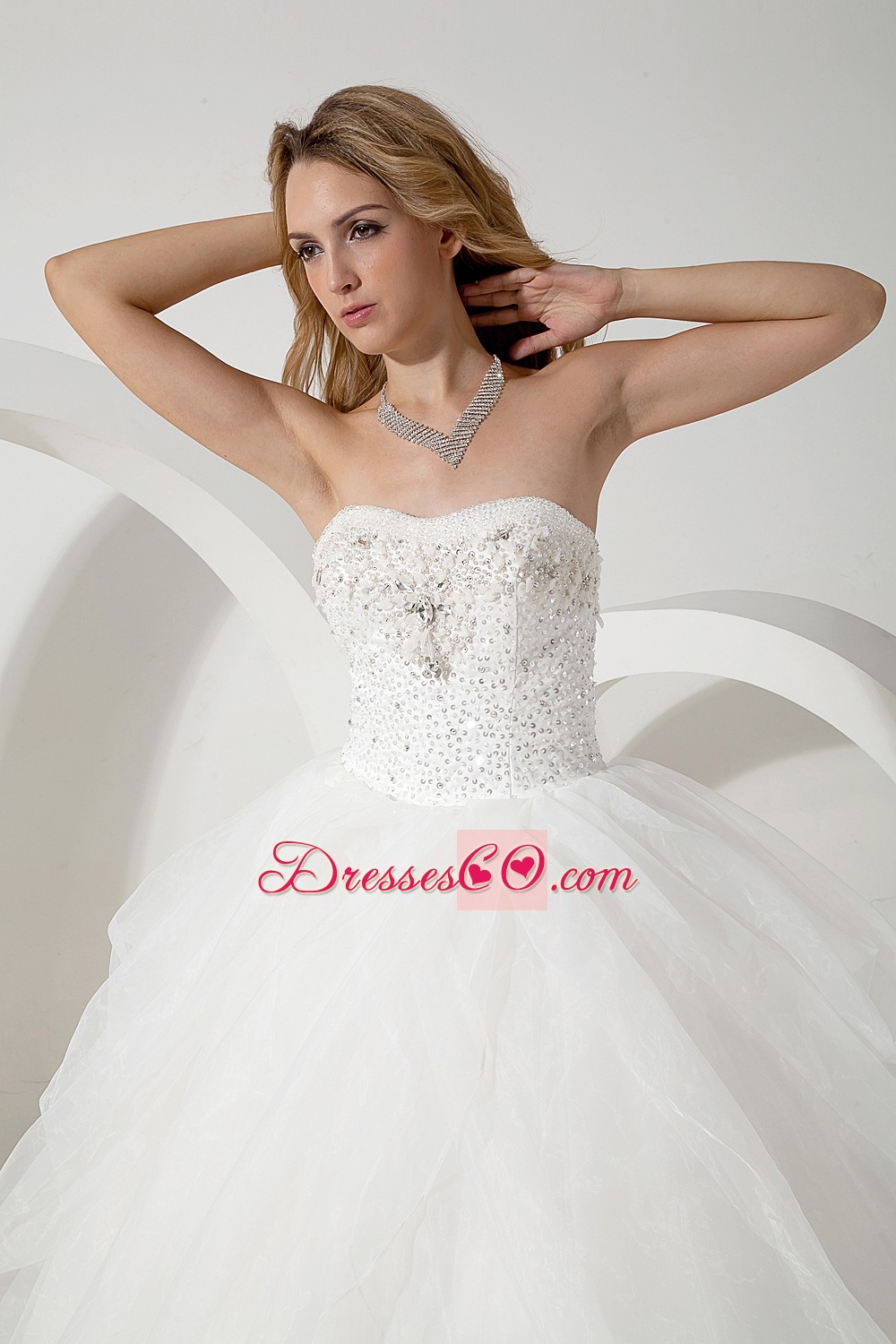 White Ball Gown Strapless Long Tulle Beading Wedding Gown
