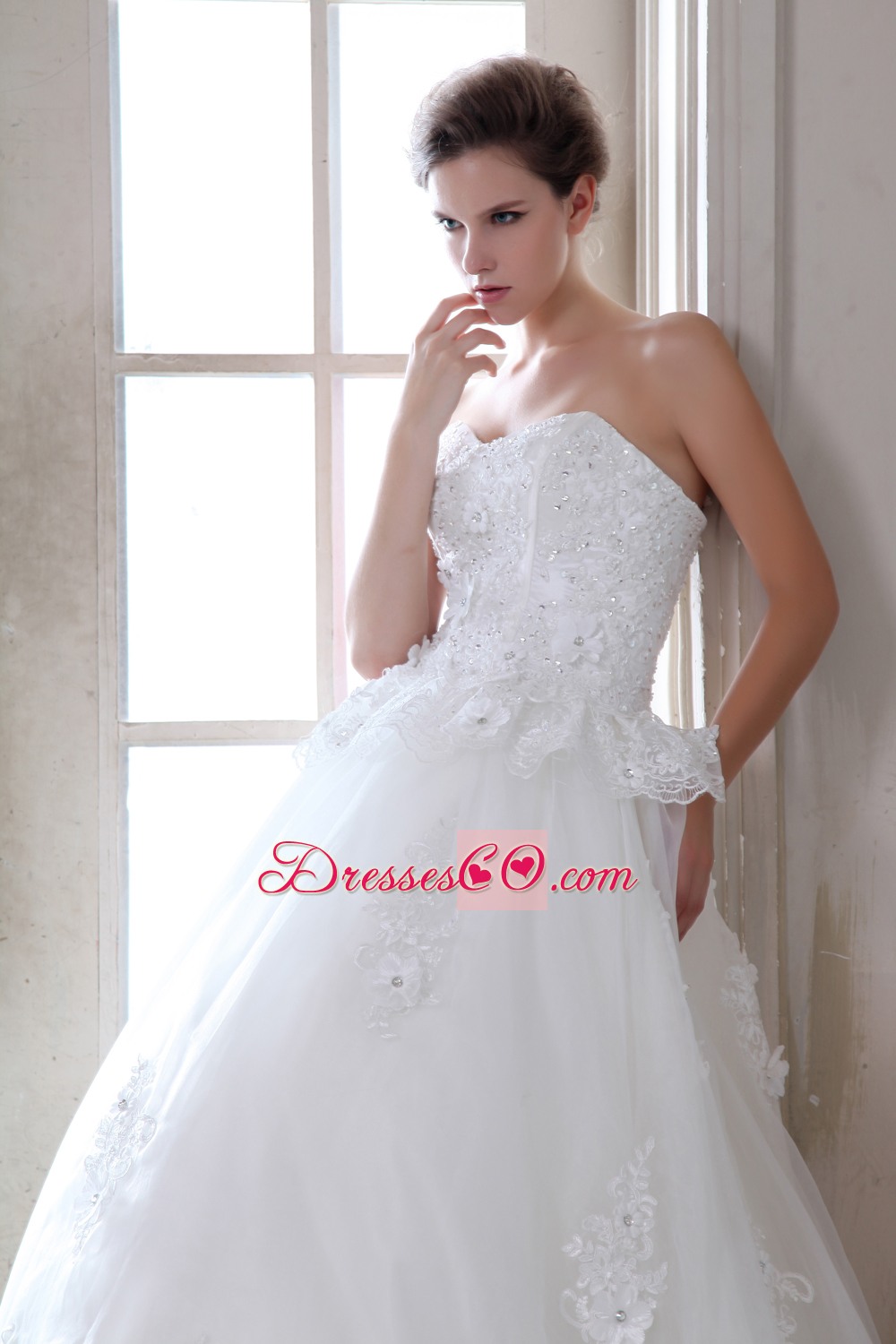 Beautiful A-line Brush Train Tulle Beading and Appliques Wedding Dress