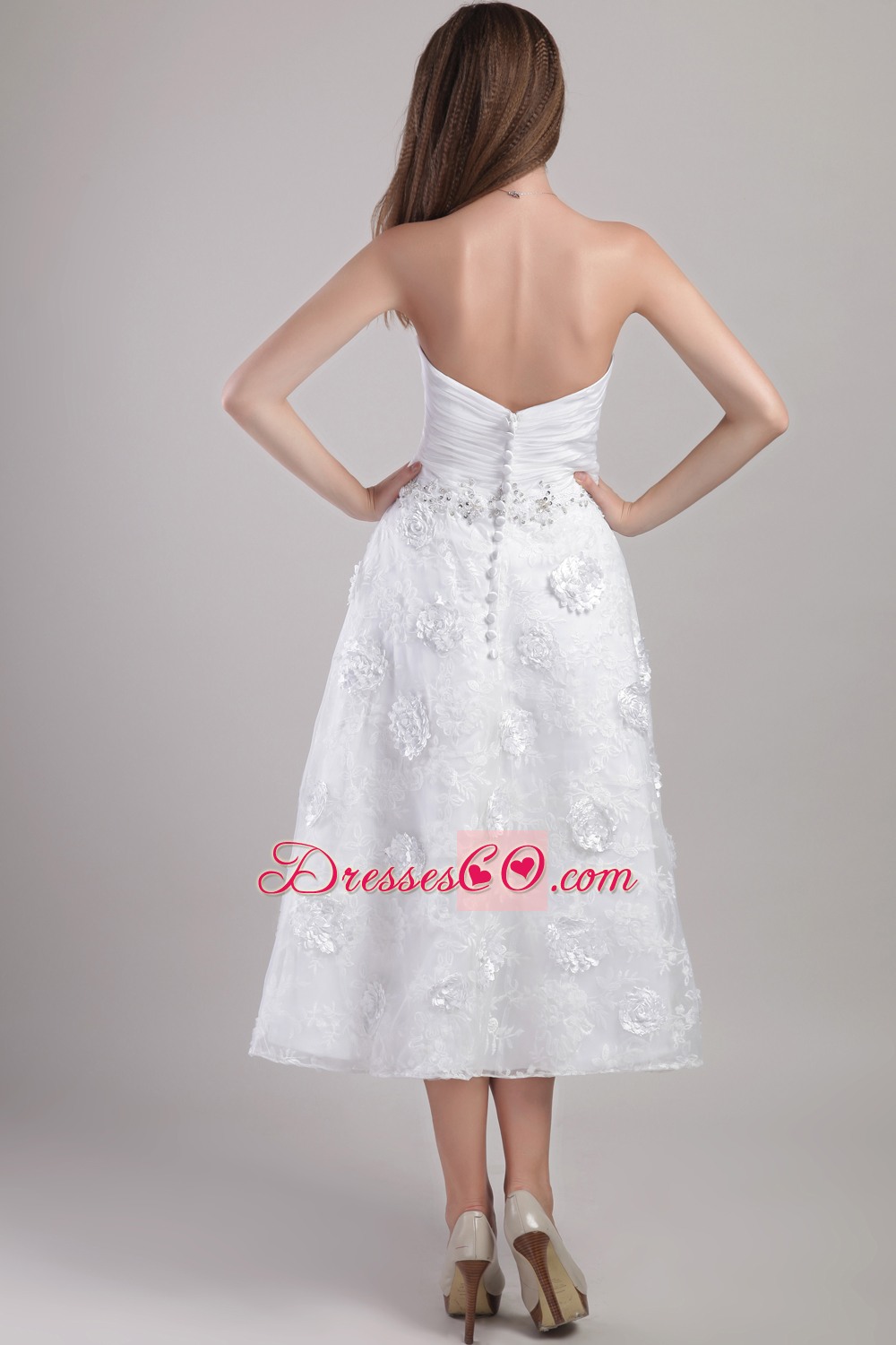 Elegant A-line / Princess Ankle-length White Appliques And Beading Wedding Dress