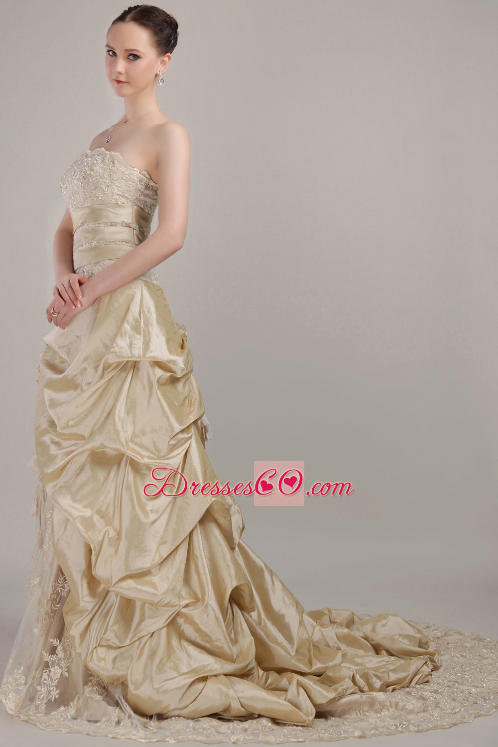Elegant Champagne A-line / Princess Strapless Court Train Taffeta Wedding Dress