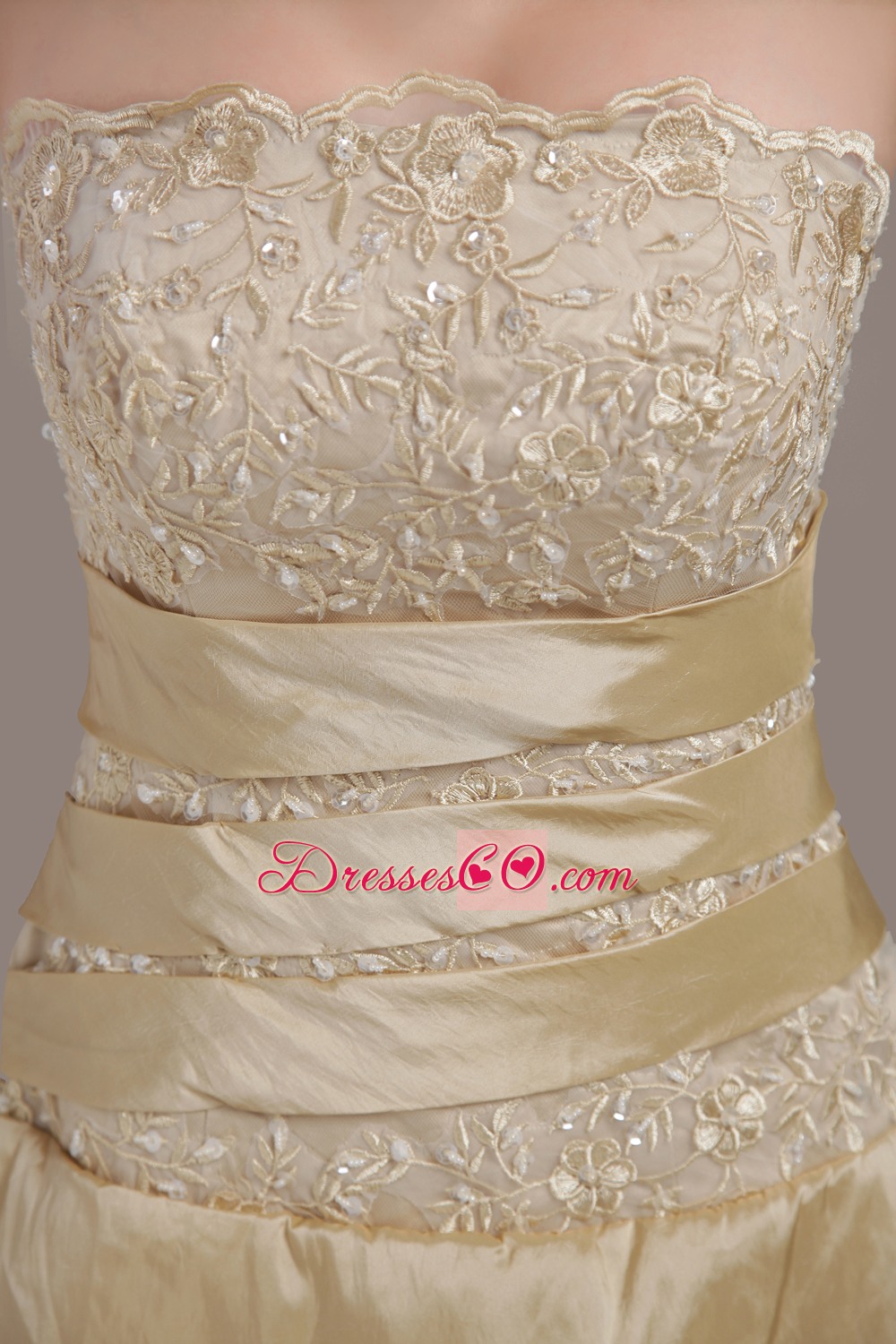 Elegant Champagne A-line / Princess Strapless Court Train Taffeta Wedding Dress