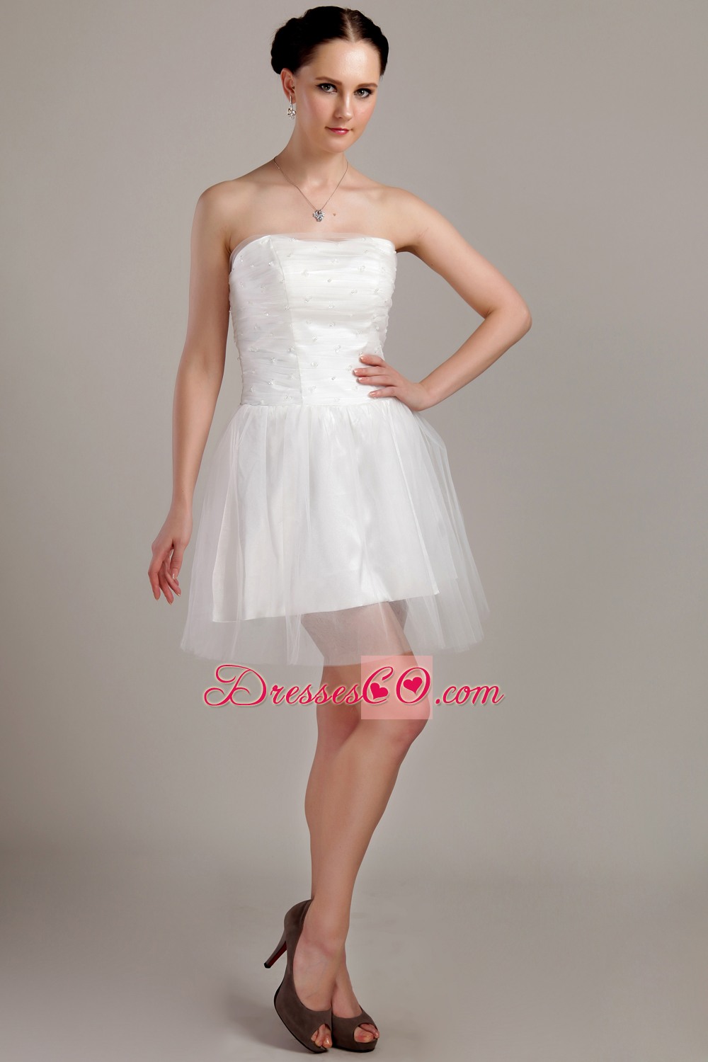 White A-line / Princess Strapless Mini-length Organza Beading And Ruched Wedding Dress