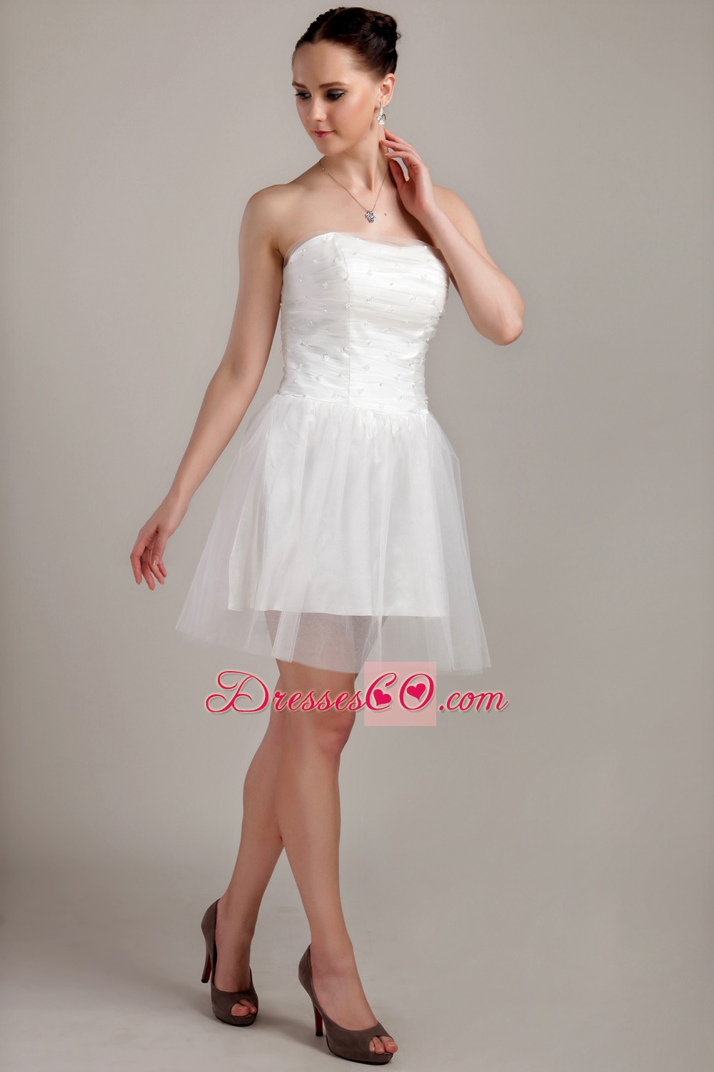 White A-line / Princess Strapless Mini-length Organza Beading And Ruched Wedding Dress