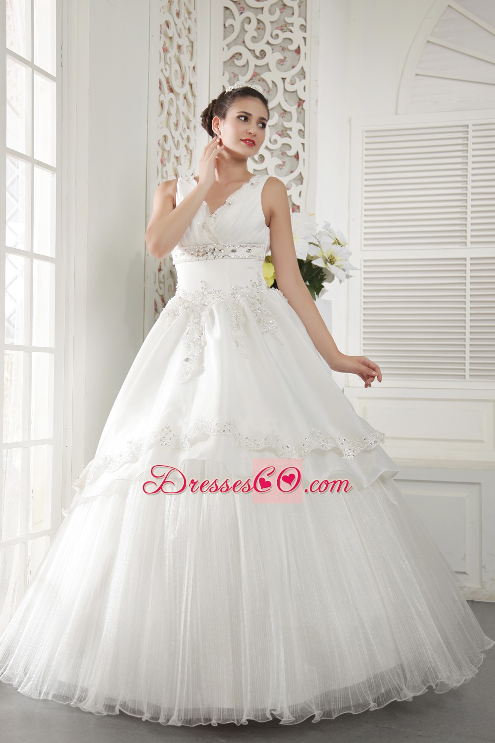 Ivory A-line V-neck Long Organza Beading And Ruched Wedding Dress