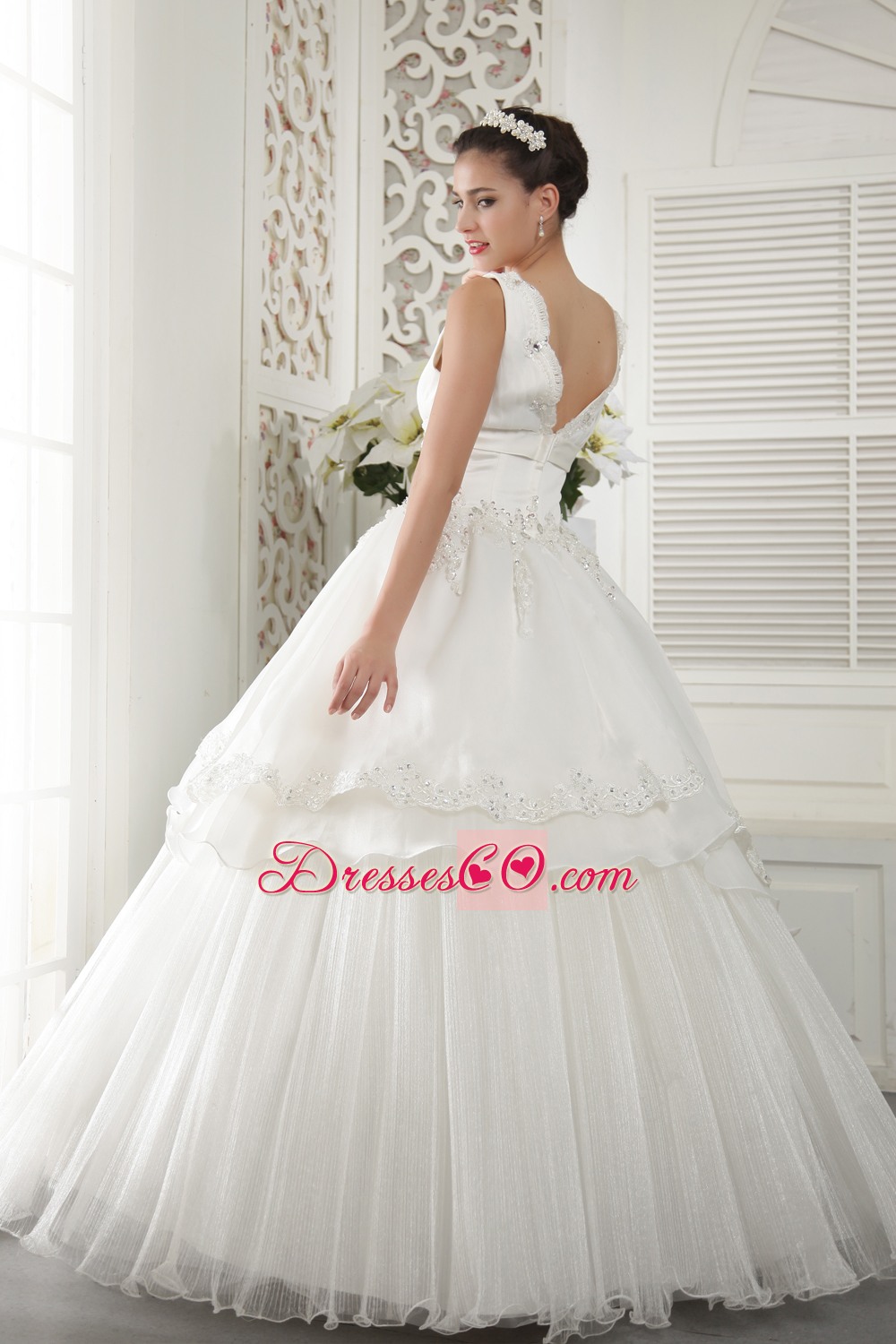 Ivory A-line V-neck Long Organza Beading And Ruched Wedding Dress
