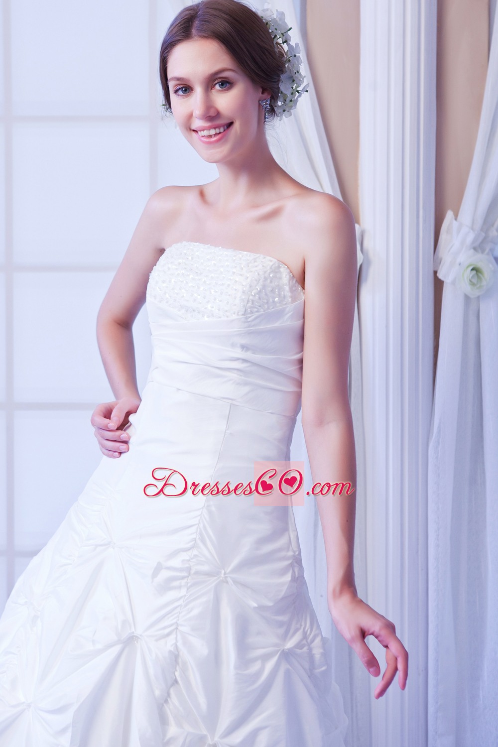 Modest A-line Strapless Ankle-length Taffeta Sequin Wedding Dress