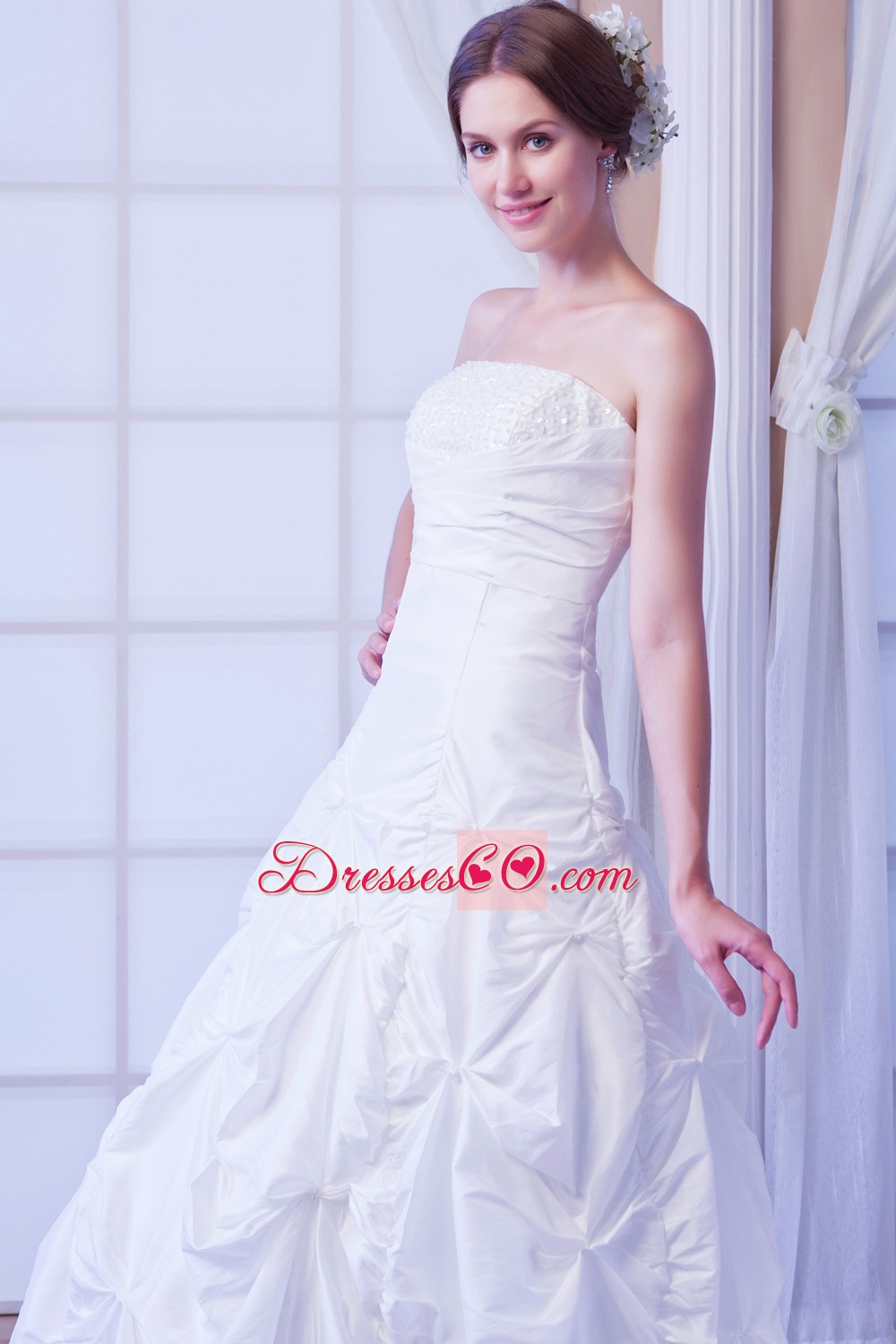 Modest A-line Strapless Ankle-length Taffeta Sequin Wedding Dress