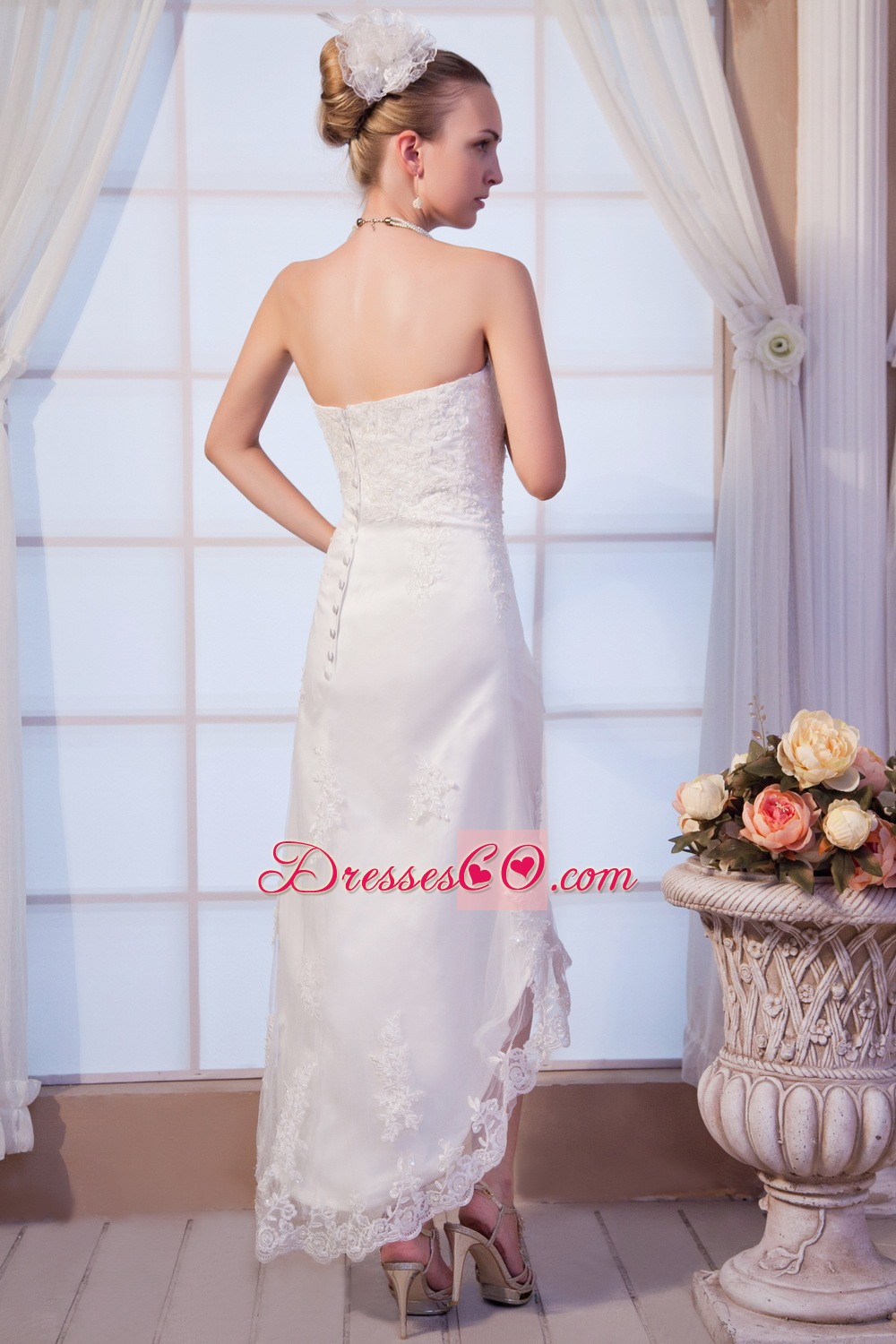 Popular Column Strapless High-low Satin Lace Wedding Dress