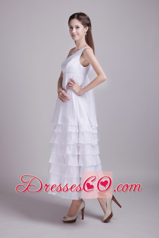 White Empire One Shoulder Ankle-length Chiffon Ruffles Wedding Dress
