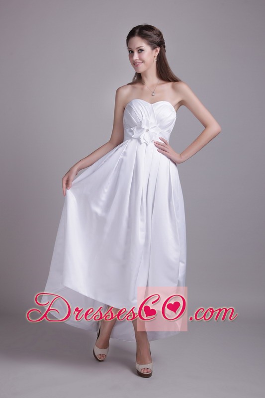 White Empire Strapless Ankle-length Taffeta Hand-made Flower Wedding Dress