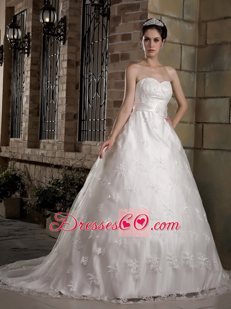 Gorgeous A-line Court Train Taffeta and Lace Wedding Dress