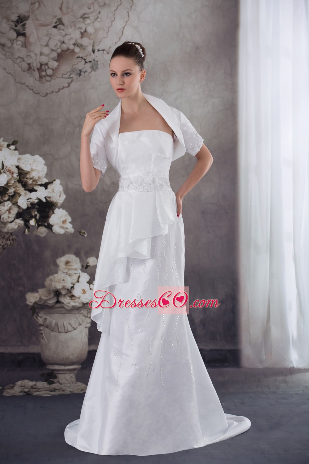 Strapless Column Jacket Beading Appliqes Wedding Dress