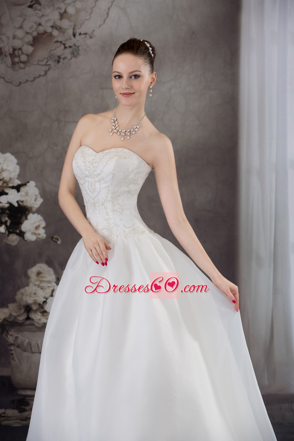 A-line Organza Appliques With Beading Wedding Dress