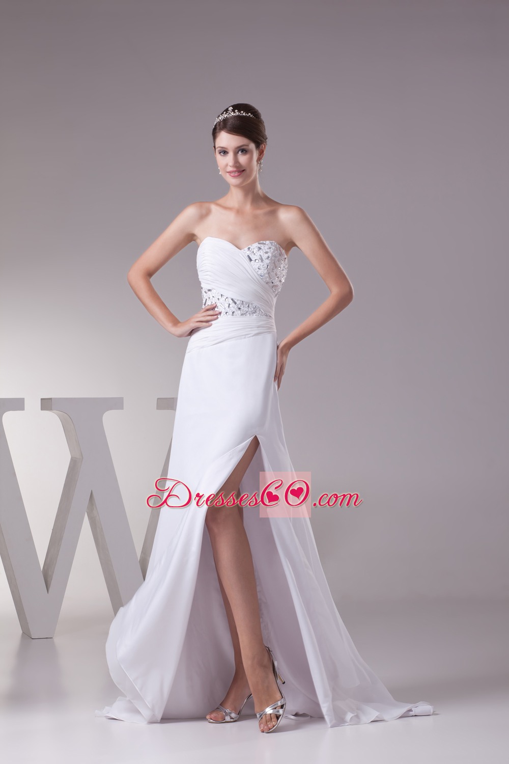High Slit Fashionable Beaded Empire Wedding Dress