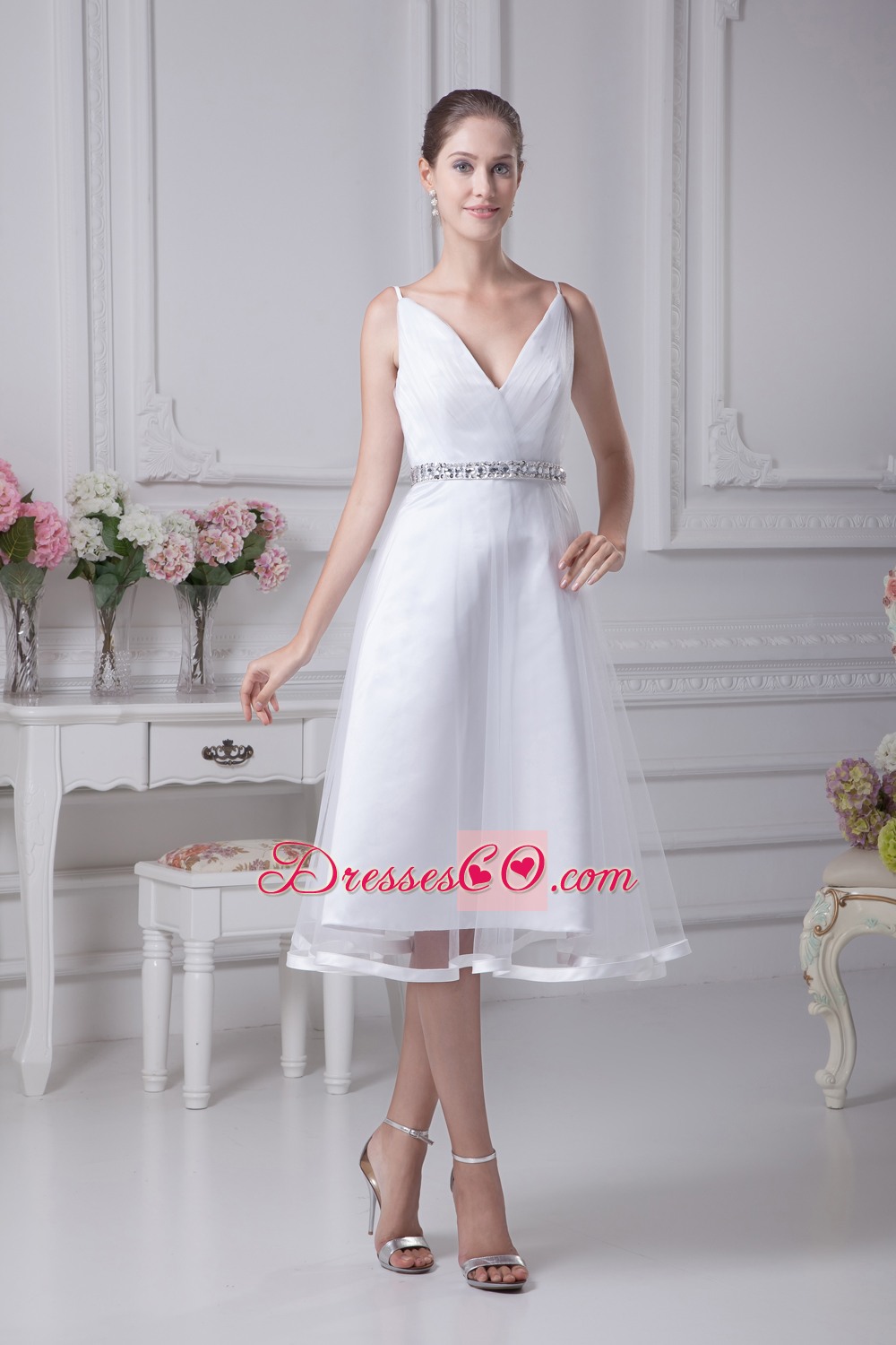 V-neck Knee-length Beading A-line Wedding Dress