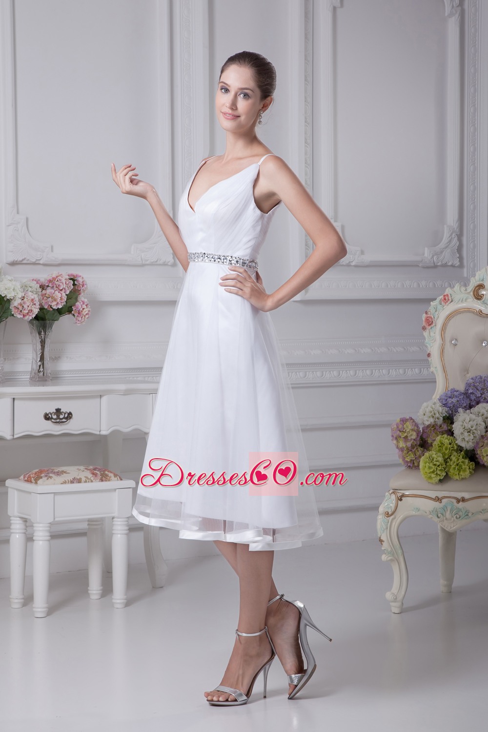 V-neck Knee-length Beading A-line Wedding Dress