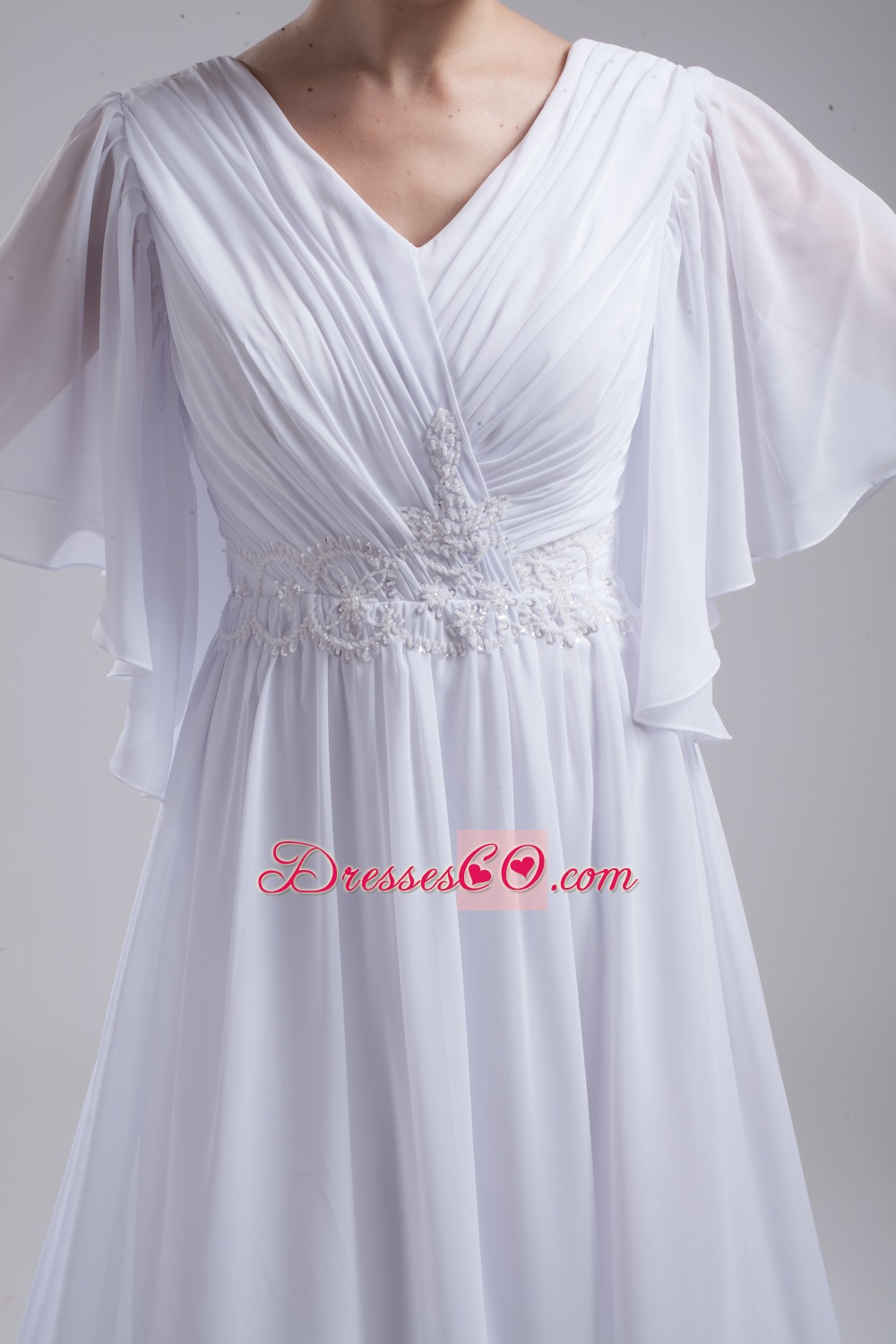 Empire V-neck Ruching Half Sleeves Cheap Wedding Dress