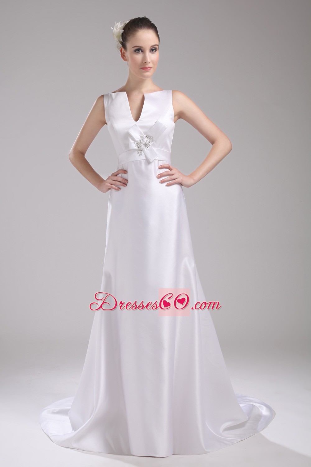 A-line V-neck Hand Made Flower Satin Wedding Dress