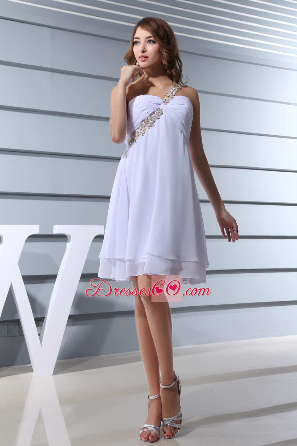 Beading One Shoulder Knee-length Prom Dress