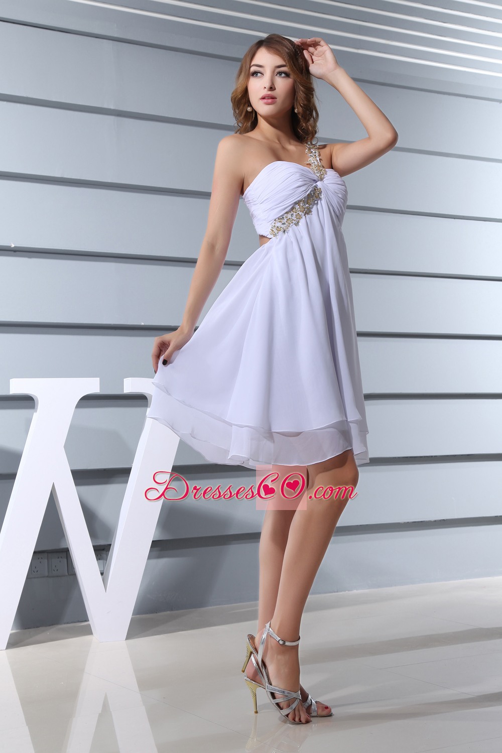 Beading One Shoulder Knee-length Prom Dress