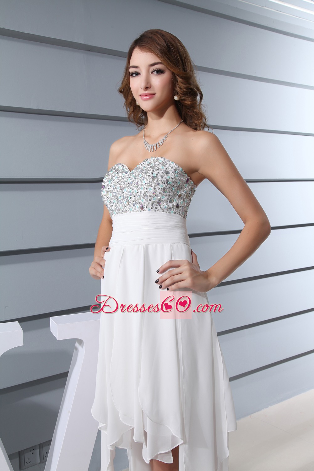 White Beading High-low Prom Dress