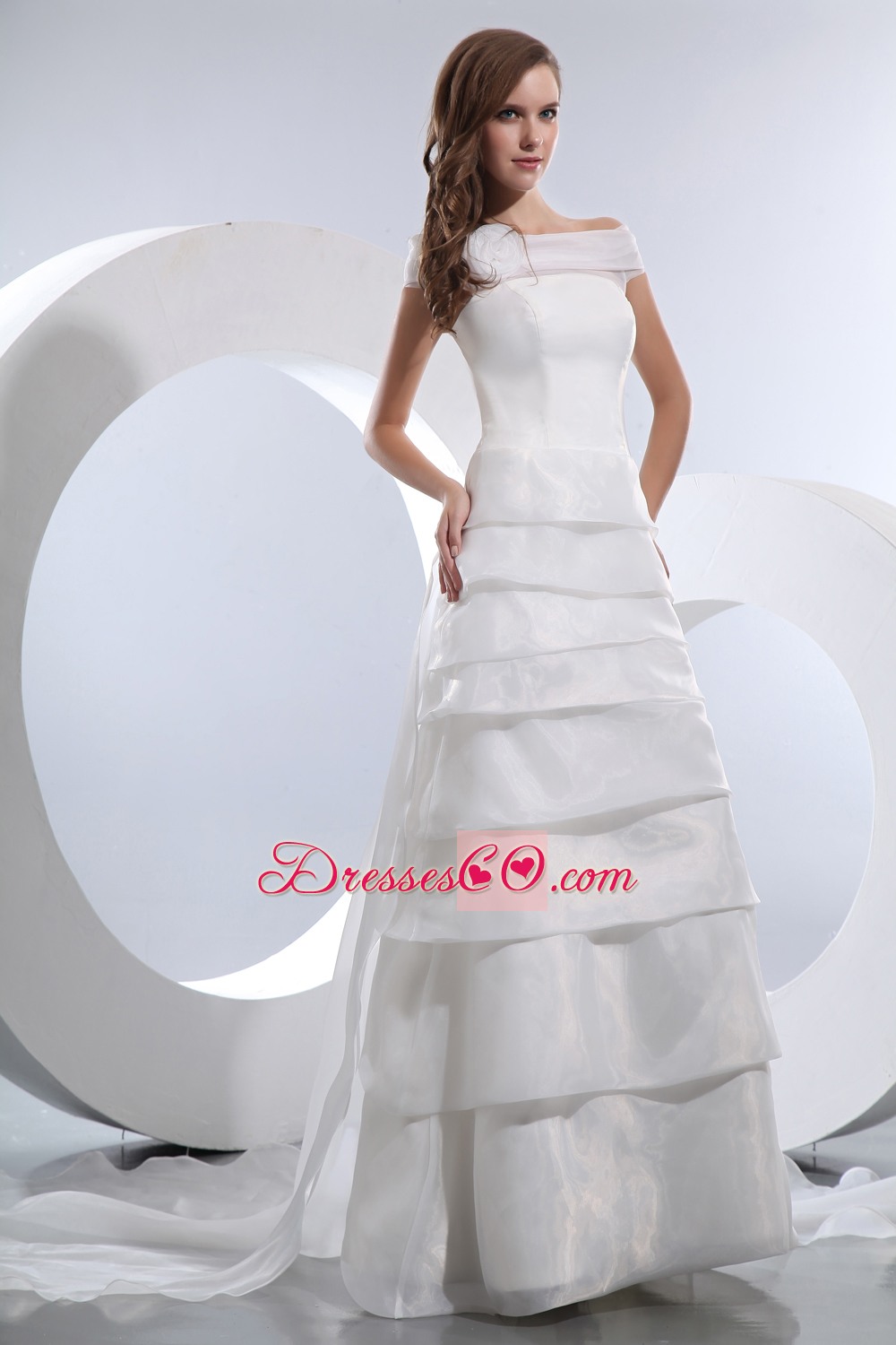 Ruffled Layers  A-line Off The Shoulder Chapel Train  Hand Made Flower  Wedding Dresses