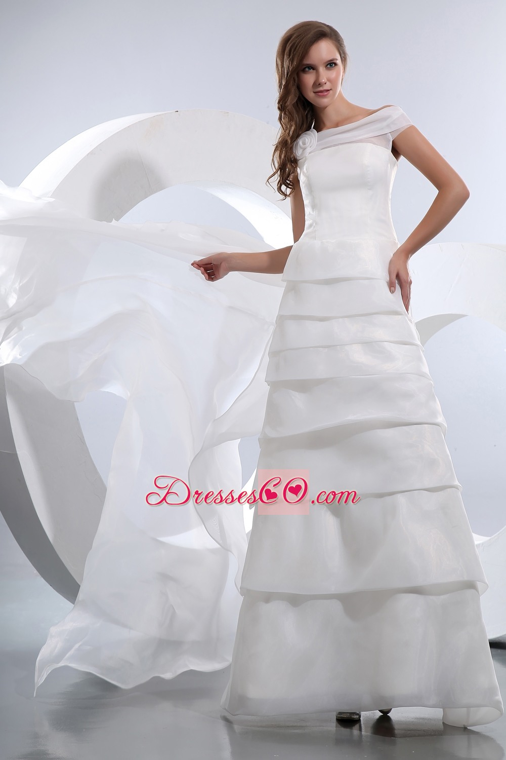 Ruffled Layers  A-line Off The Shoulder Chapel Train  Hand Made Flower  Wedding Dresses