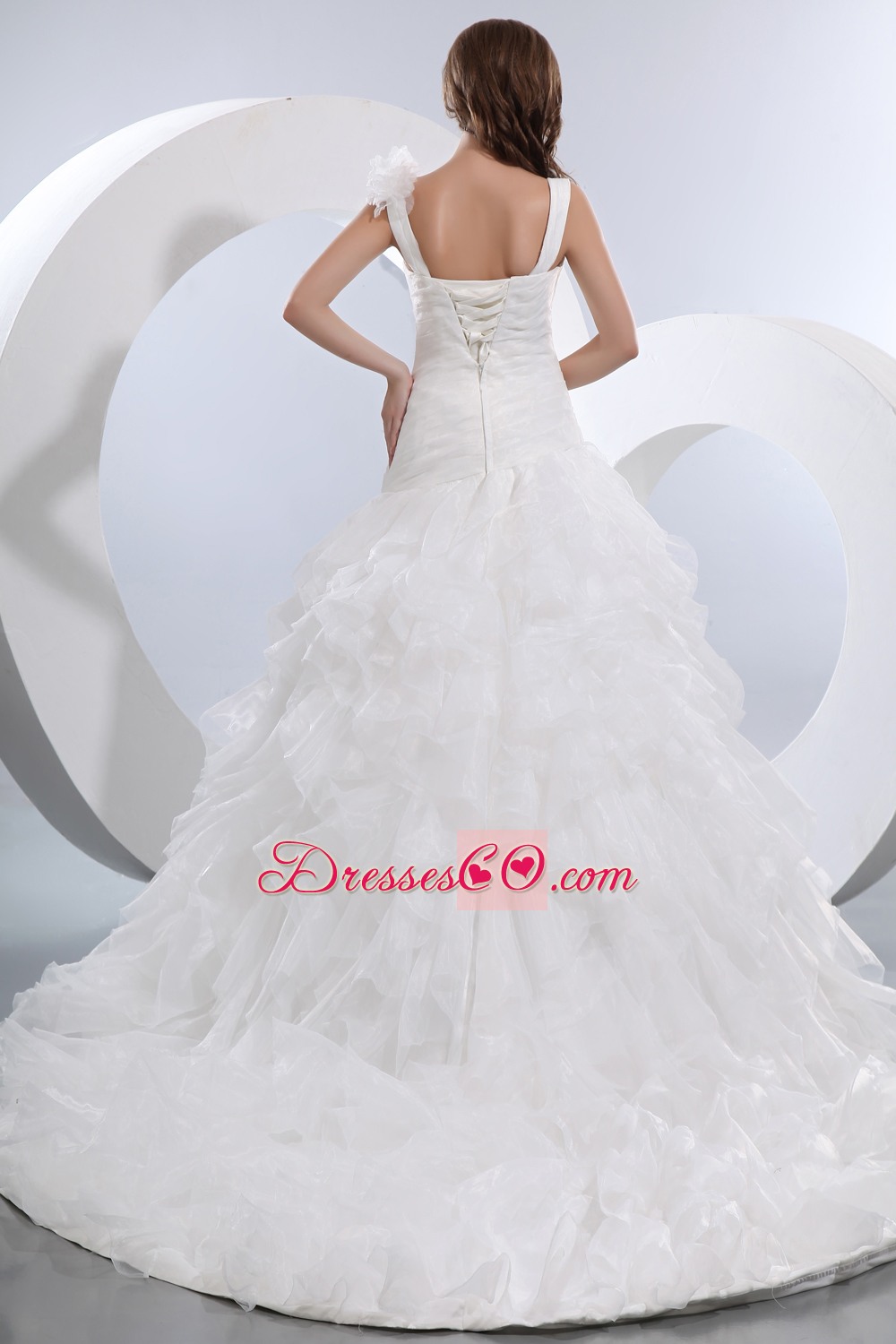 Gorgeous A-line V-neck Court Train Organza Ruffles Ruched Wedding Dress