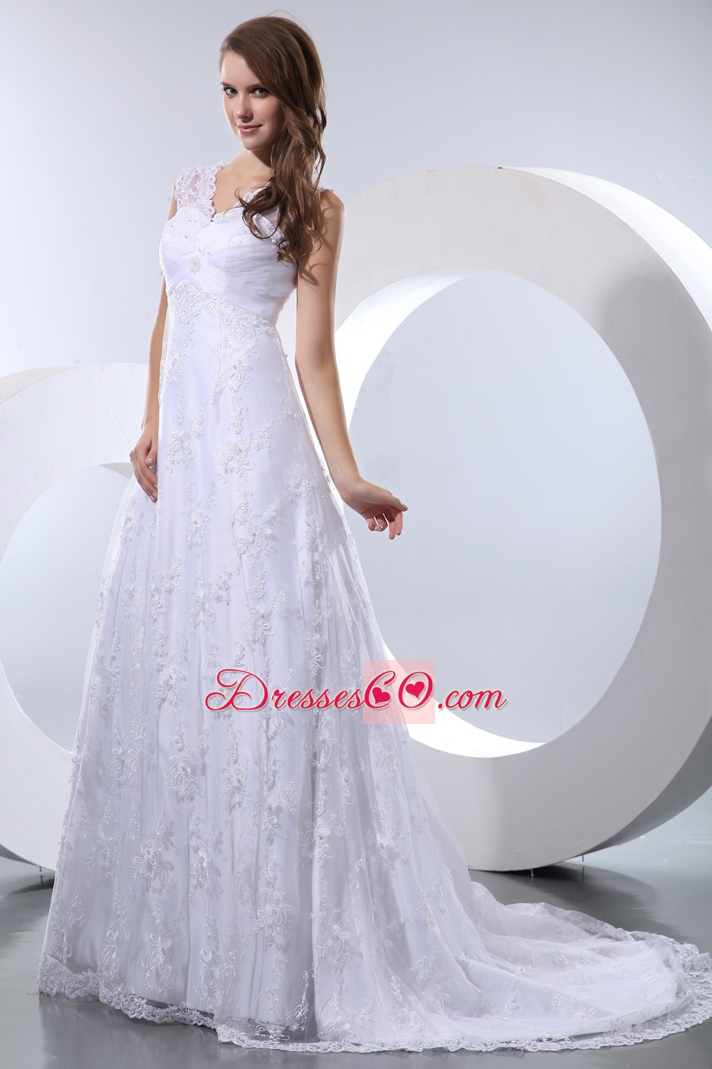 Luxurious A-line V-neck Court Train Taffeta and Lace Wedding Dress