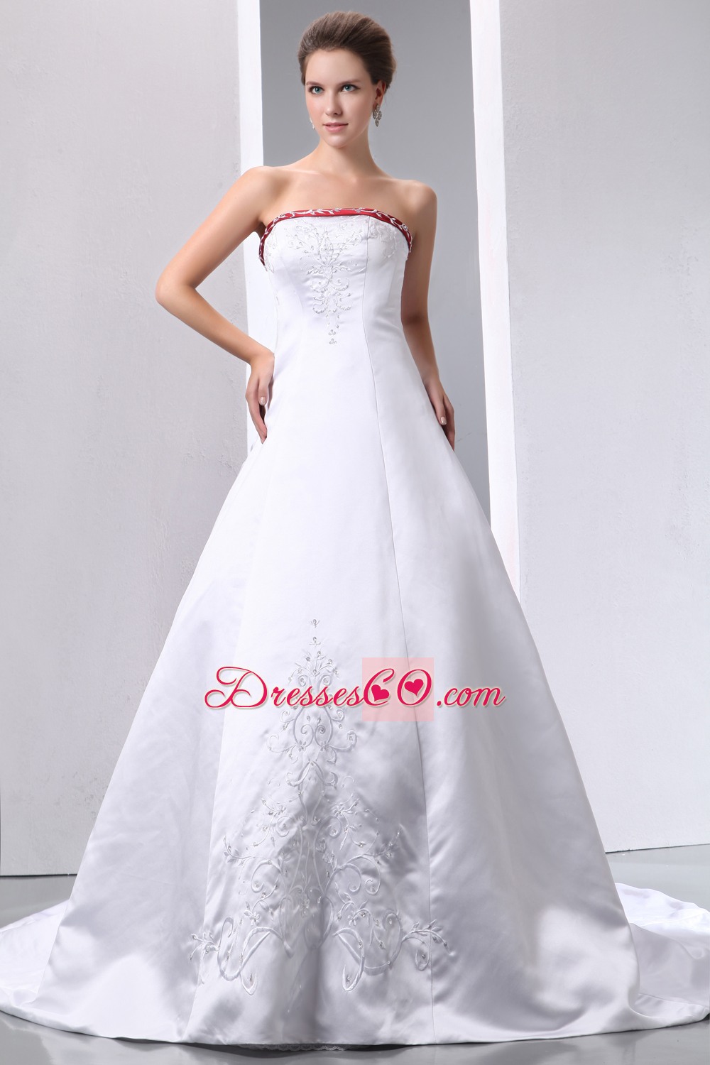 Luxurious A-line Strapless Chapel Train Satin Embroidery With Beading Wedding Dress