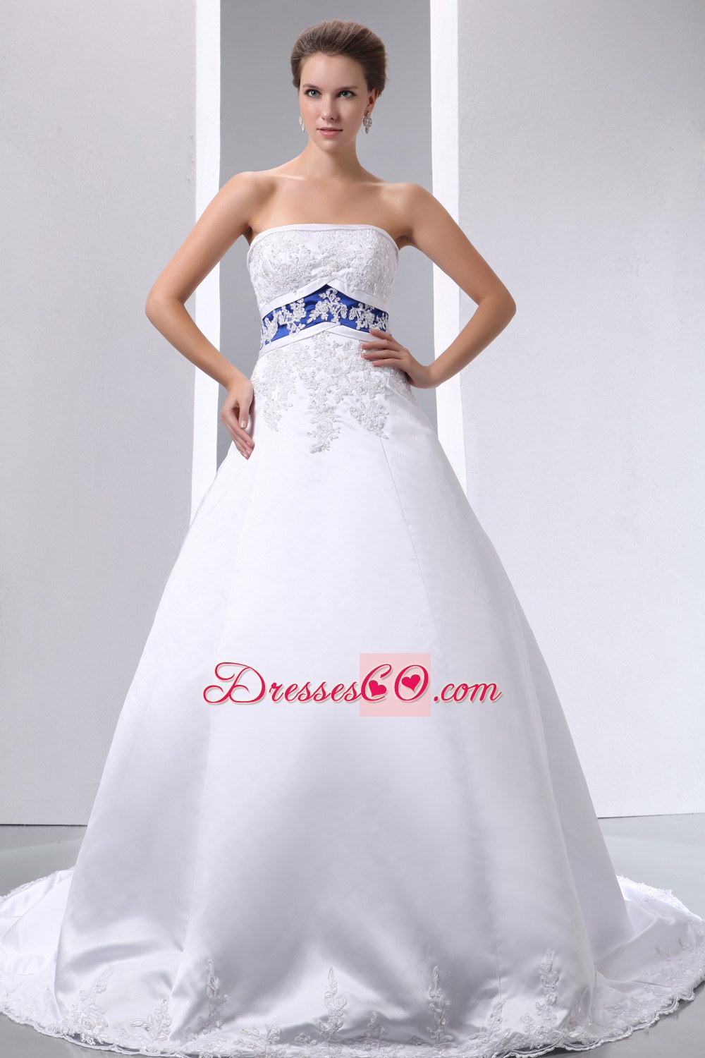 Graceful A-line Strapless Brush Train Satin and Lace Appliques Wedding Dress