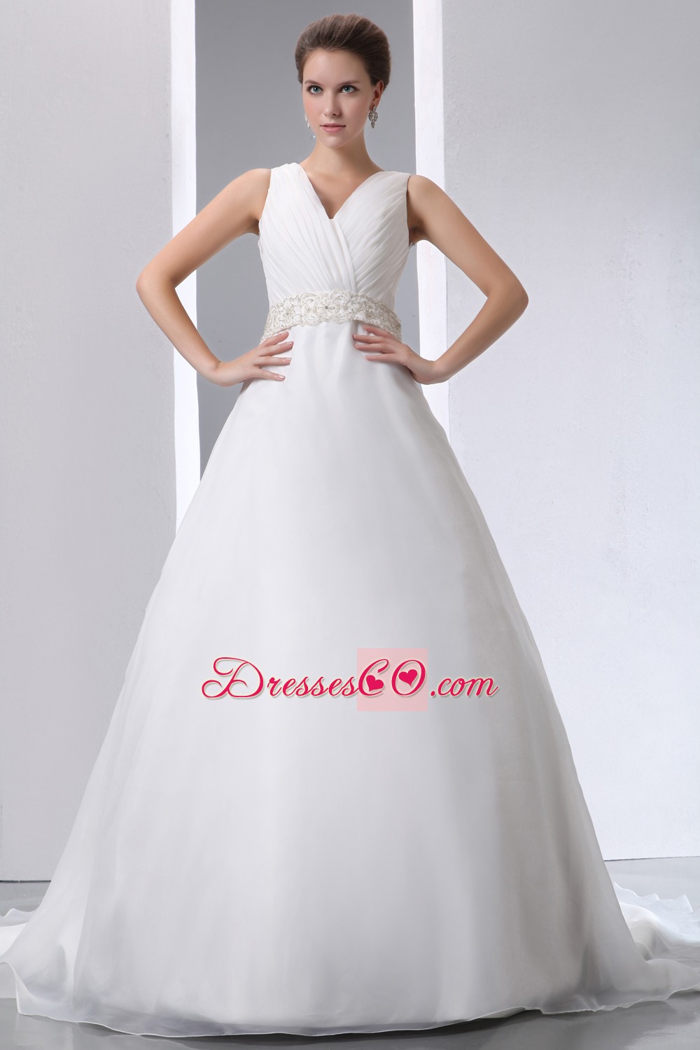 Simple A-line V-neck Court Train Beading and Ruched Wedding Dress