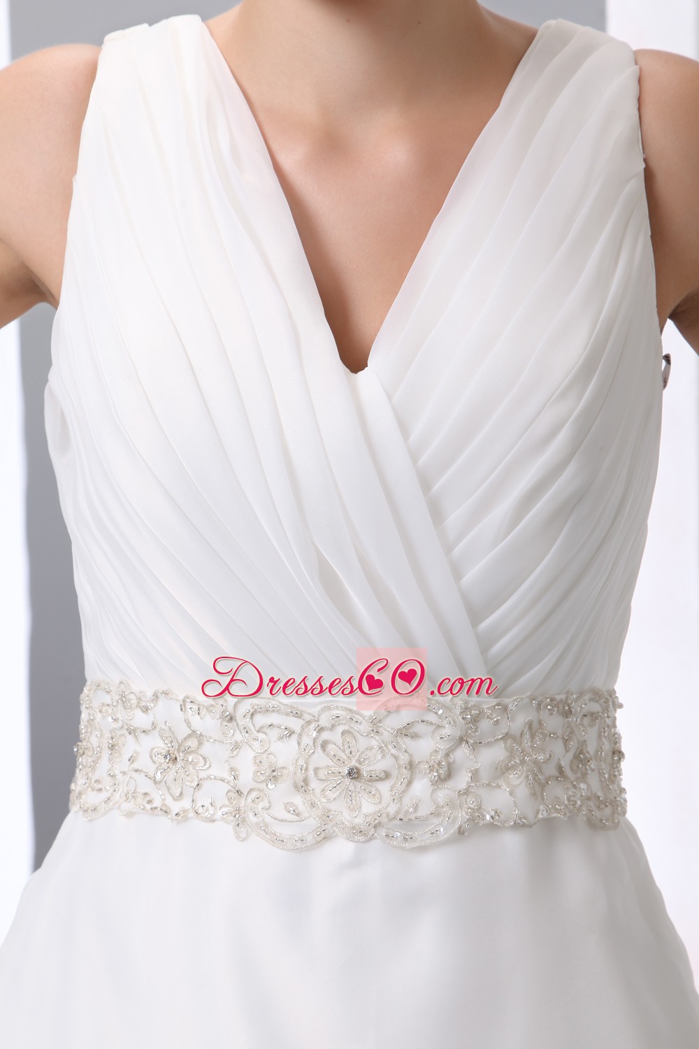 Simple A-line V-neck Court Train Beading and Ruched Wedding Dress
