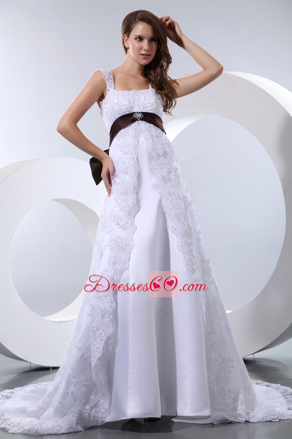 Fashionable A-line Straps Court  Train Taffeta and Lace Bow Beading Wedding Dress