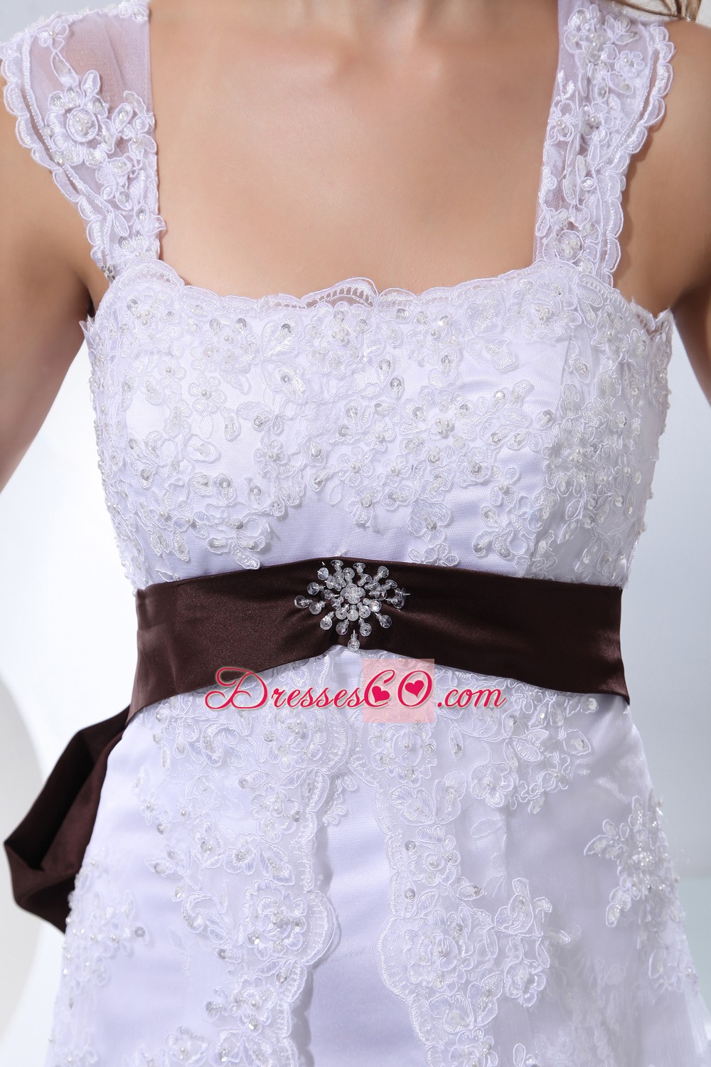 Fashionable A-line Straps Court  Train Taffeta and Lace Bow Beading Wedding Dress