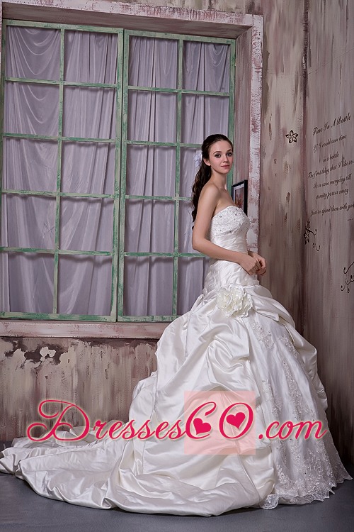 Gorgeous A-line Strapless Chapel Train Taffeta and Lace Appliques and Hand Made Flower Wedding Dress
