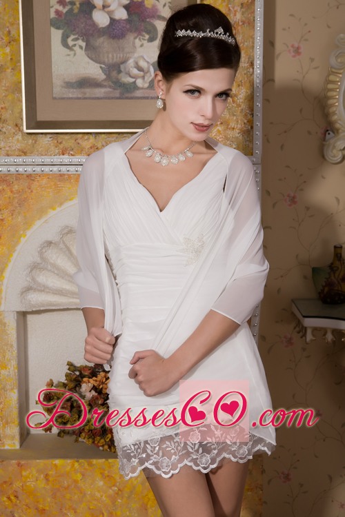 Custom Made Column V-neck Mini-length Chiffon Appliques And Lace Wedding Dress