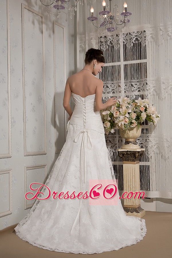 Affordable A-line Strapless Court Train Lace Bowknot Wedding Dress
