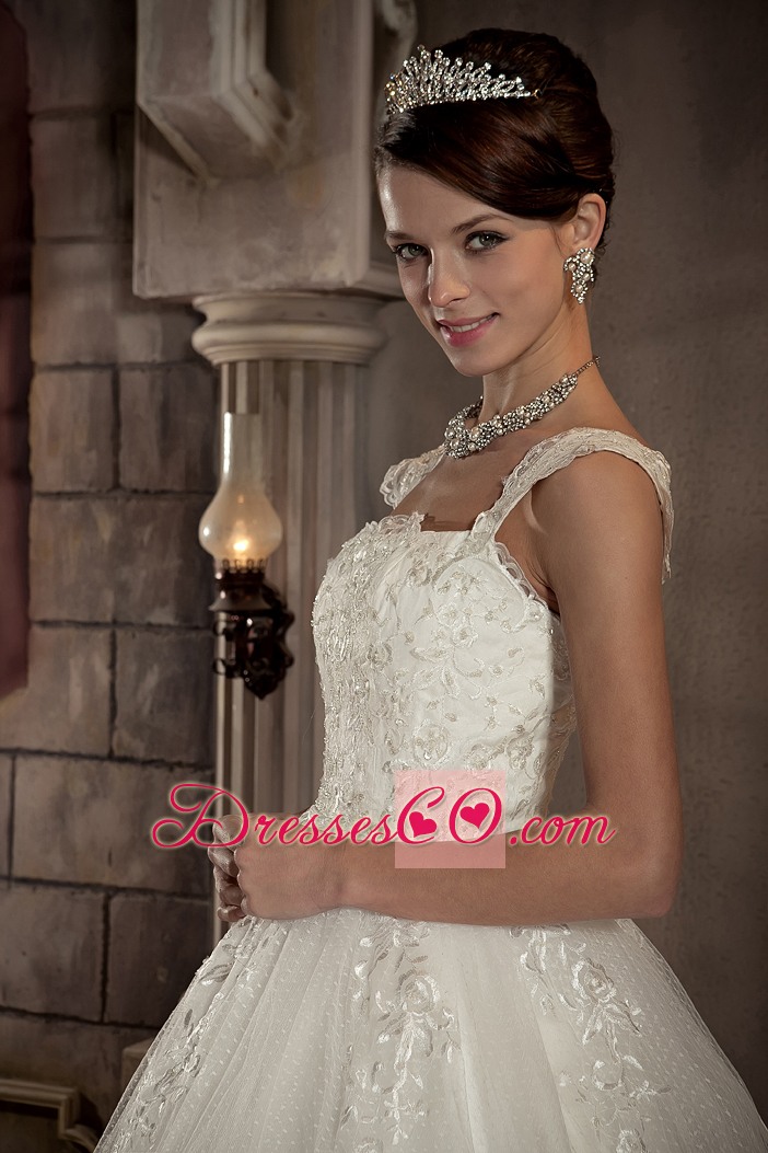 Modest Ball Gown Square Chapel Train Lace Wedding Dress
